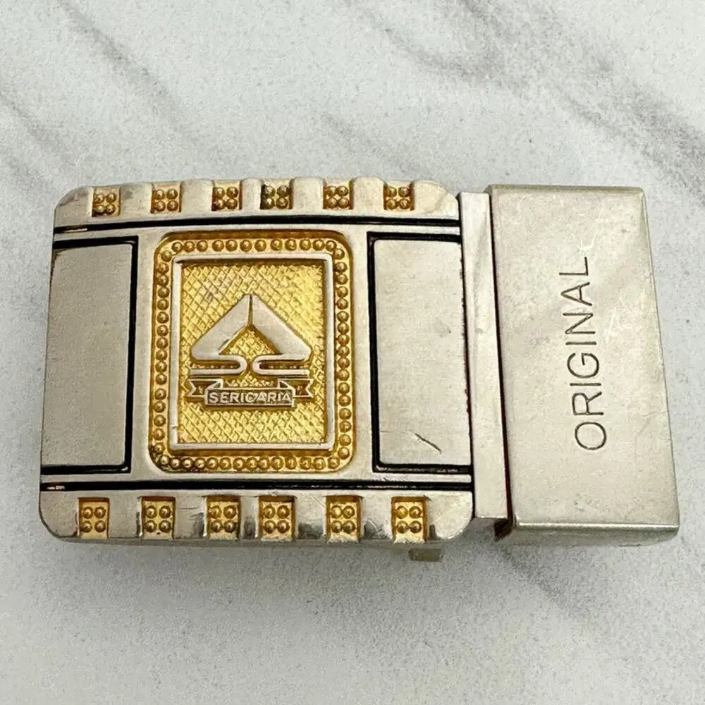 Sericaria Reversible Clamp On Belt Buckle Gold Tone Bead Dot Border Logo ✨